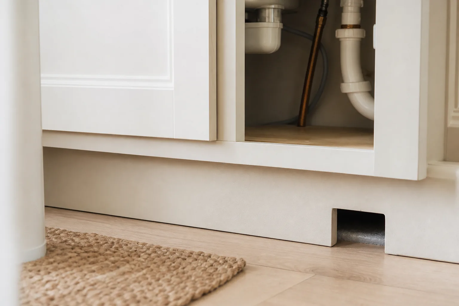 Residential kitchen cabinet detail checked for pest entry